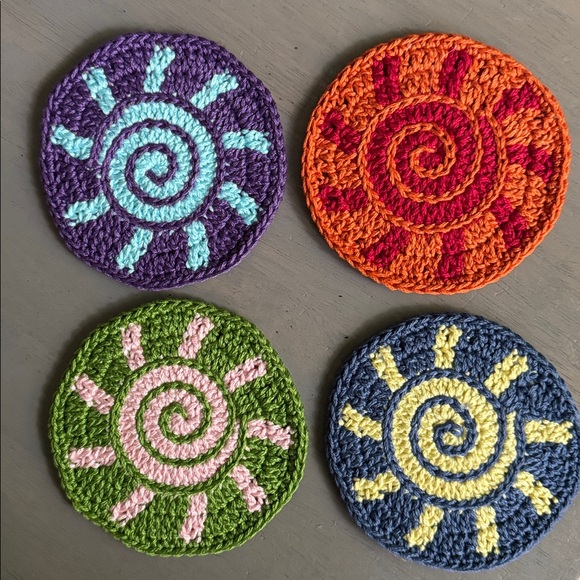 Colorful Spiral Sun Crochet Coasters with Backing - Picture 1 of 6
